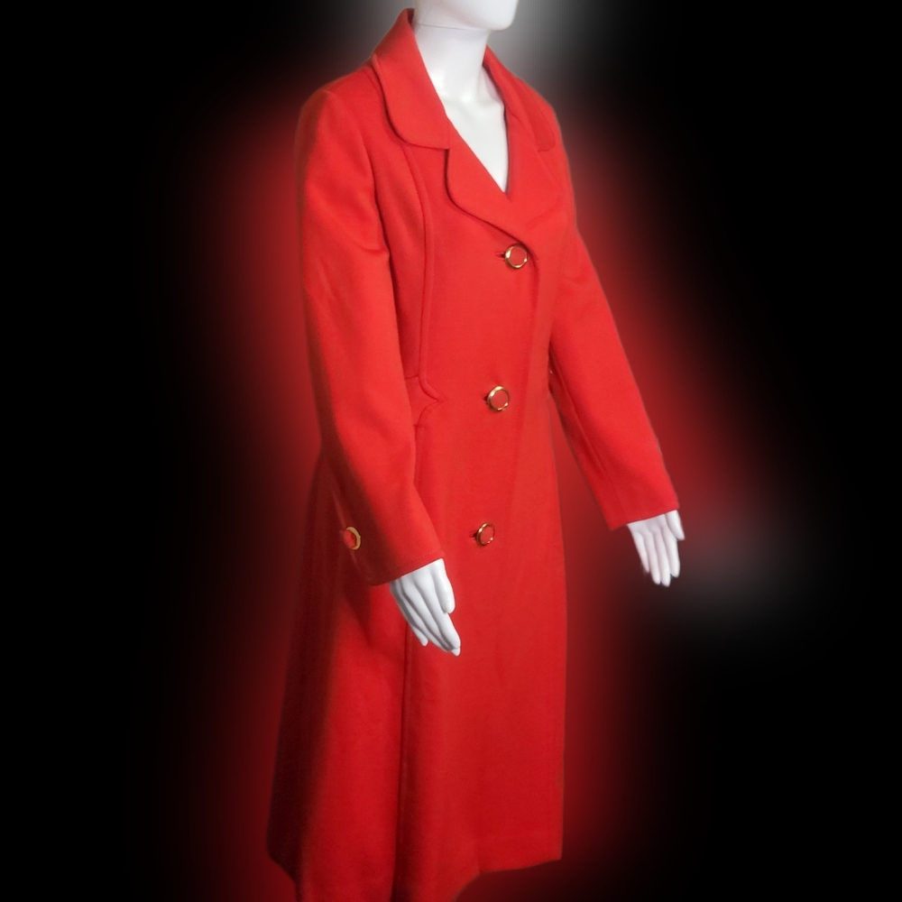 Vintage Balmain tomato orange silk lined wool coat with gold accents